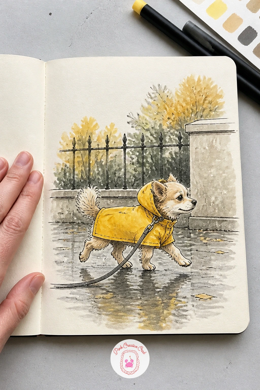 Dog in a Yellow Raincoat — Give the page some movement with a dog in a yellow raincoat trotting along a wet pavement, lead trailing behind. What to draw in a