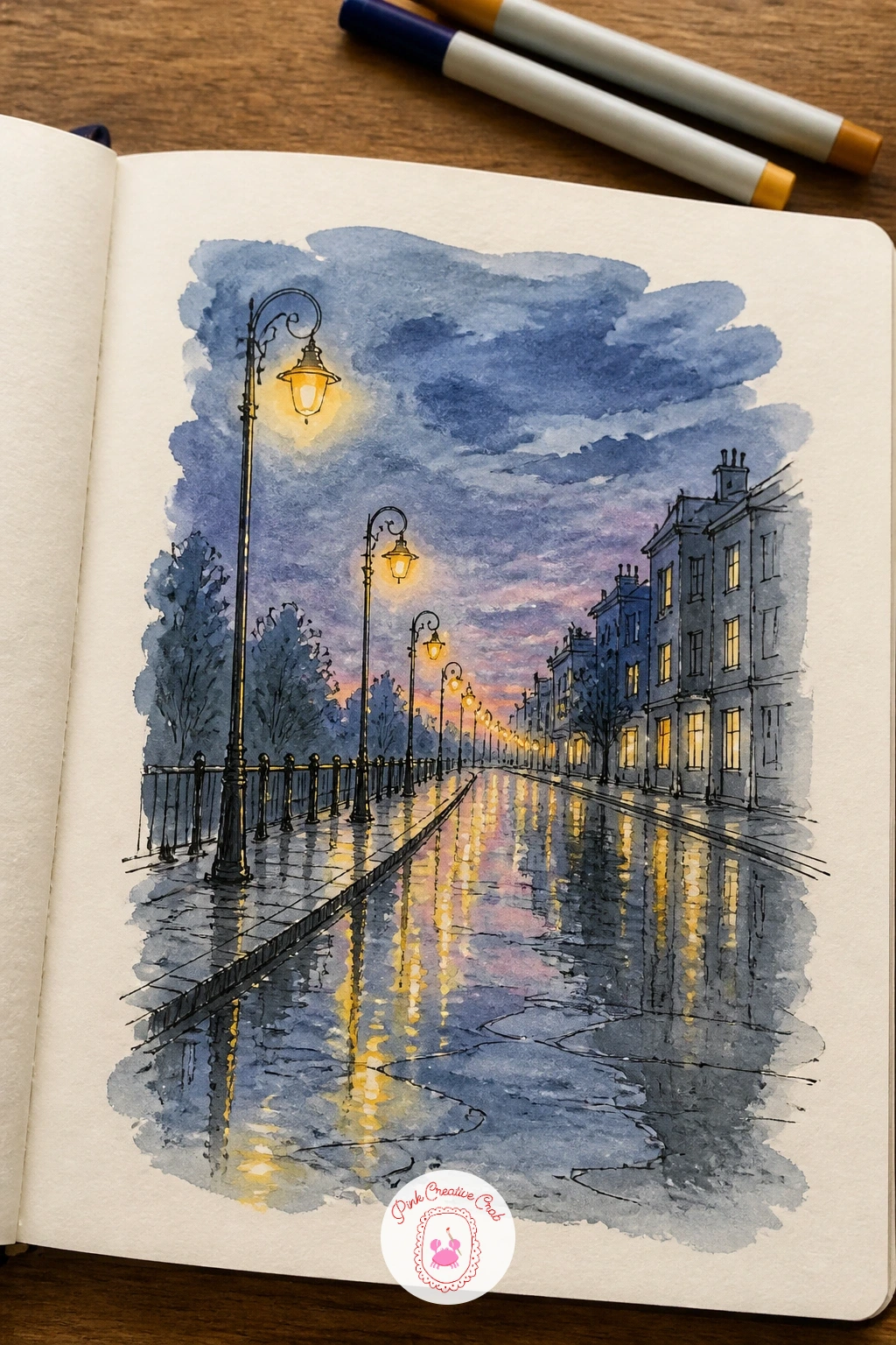 Puddles Reflecting Street Lamps — After a moving subject, slow the page down with puddles reflecting street lamps along an empty wet street at dusk. What to