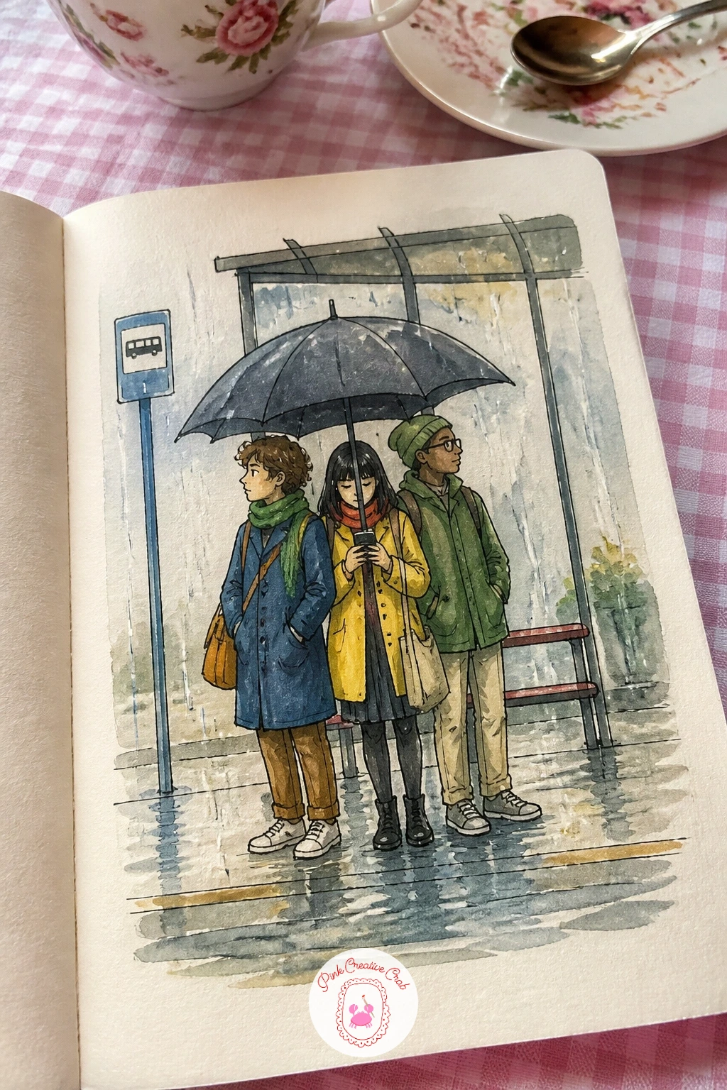 Bus Stop With Strangers Under One Umbrella — Bring people back in with a bus stop with strangers under one umbrella, a small comedy of elbows and shoulders