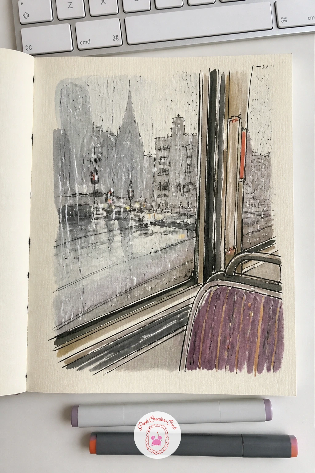 Raindrops on a Tram Window — Move the viewpoint inside for raindrops on a tram window, looking out at a blurred city street through streaked glass. What to
