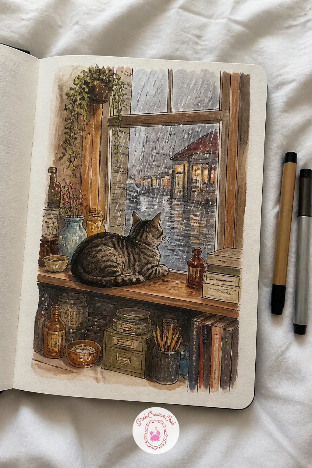 Cat Watching the Rain From a Shop Shelf — Take a breath with a quieter subject: a cat watching the rain from a shop shelf, tucked among jars or books behind