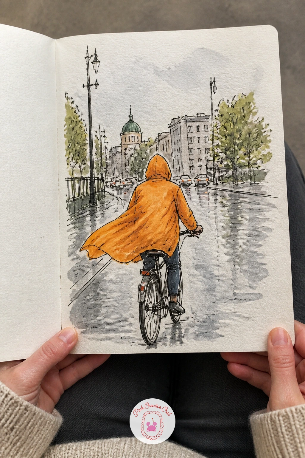 Cyclist in a Bright Poncho — Pick the energy back up with a cyclist in a bright poncho, pedaling through the wet with the fabric billowing behind. What to draw