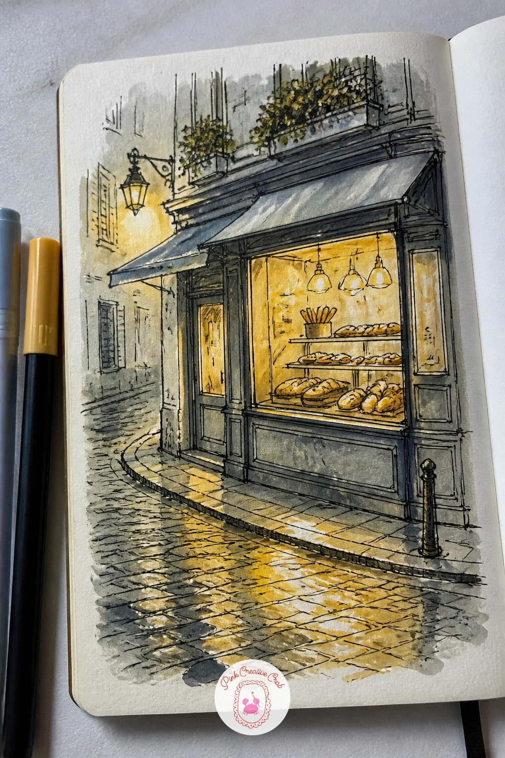 Wet Cobblestones Outside a Glowing Bakery — Settle into a street scene with wet cobblestones outside a glowing bakery, warm light spilling onto the stones from