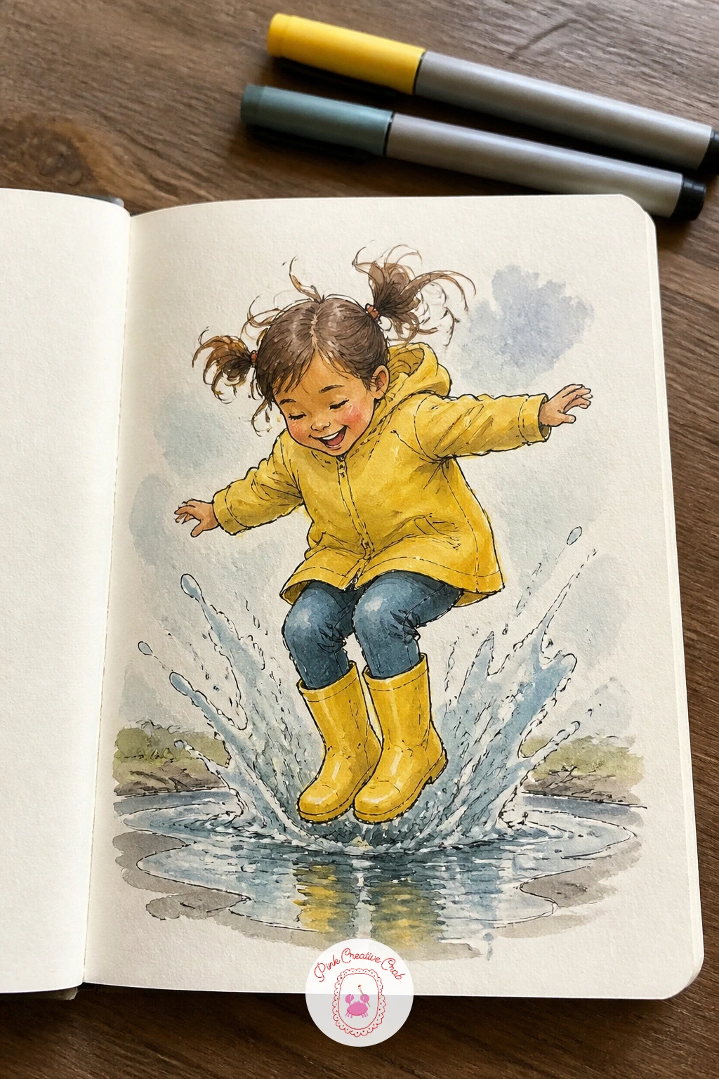 Kids Jumping in Puddles in Rain Boots — Lift the energy again with kids jumping in puddles in rain boots, caught mid air with water splashing up around their