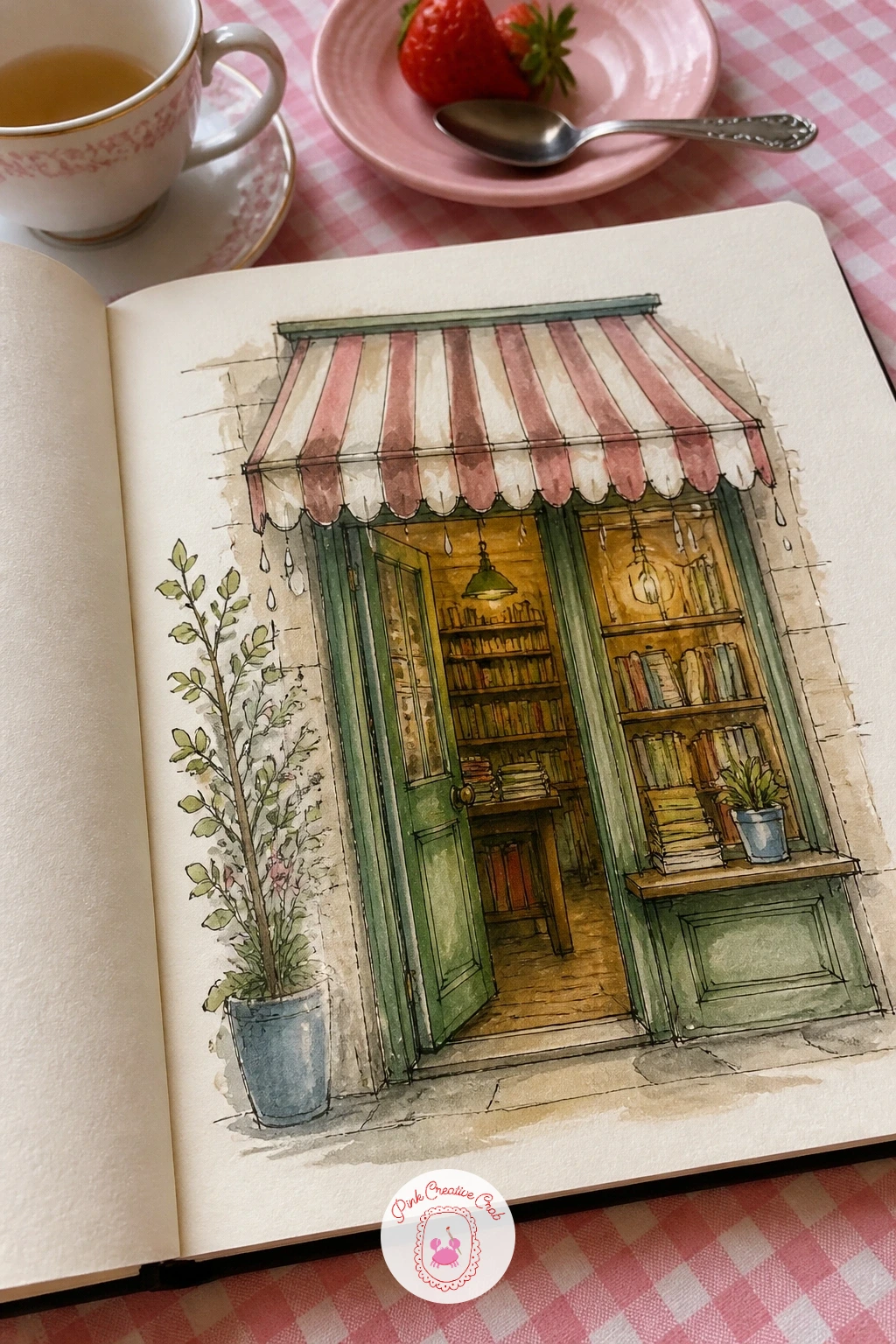 Bookshop Doorway Under a Dripping Awning — Slow the pace with a bookshop doorway under a dripping awning, books stacked in the window just inside. What to draw
