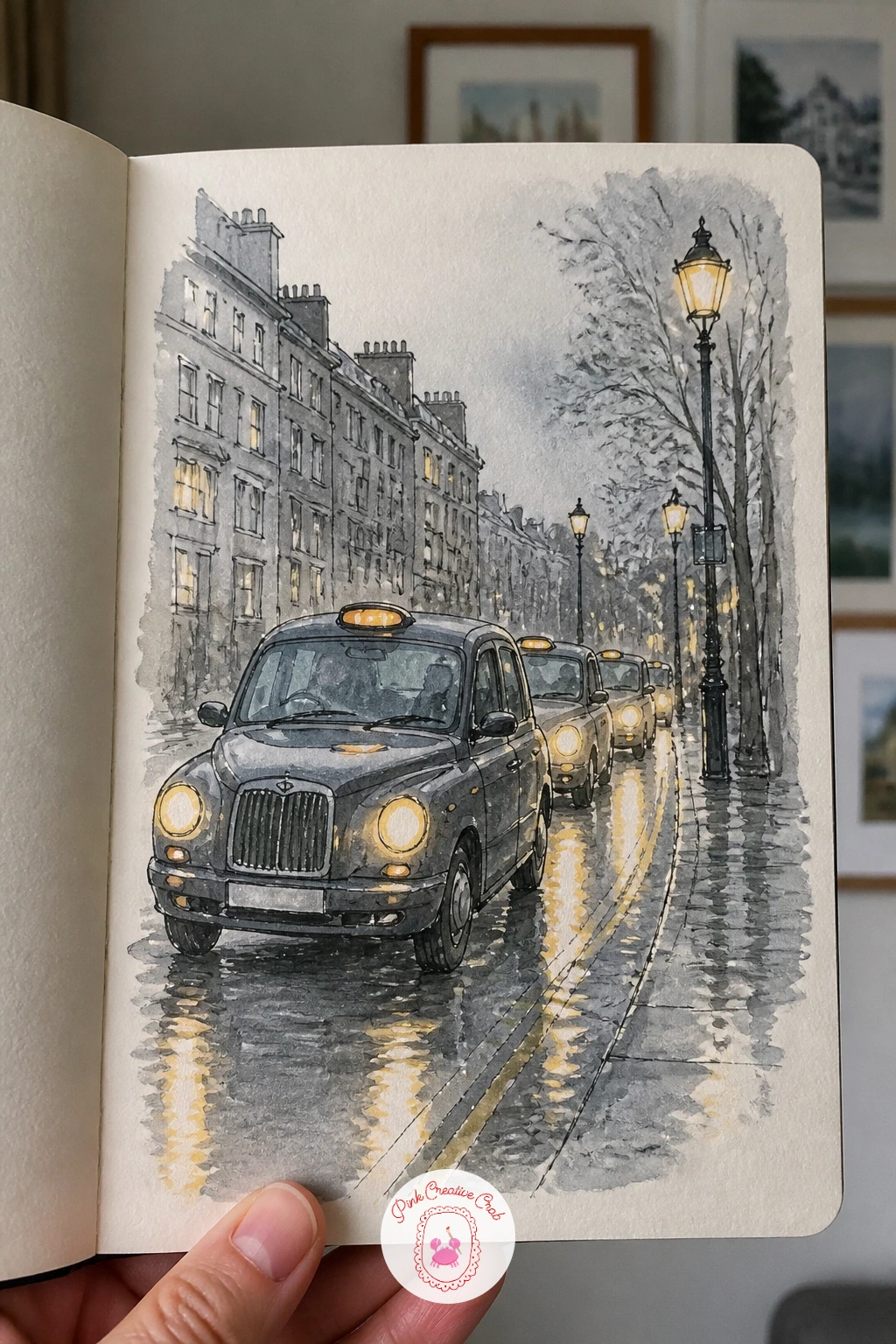 Taxis With Headlights in the Drizzle — Pick up the pace of the street with taxis with headlights in the drizzle, a small queue of cars glowing along a wet