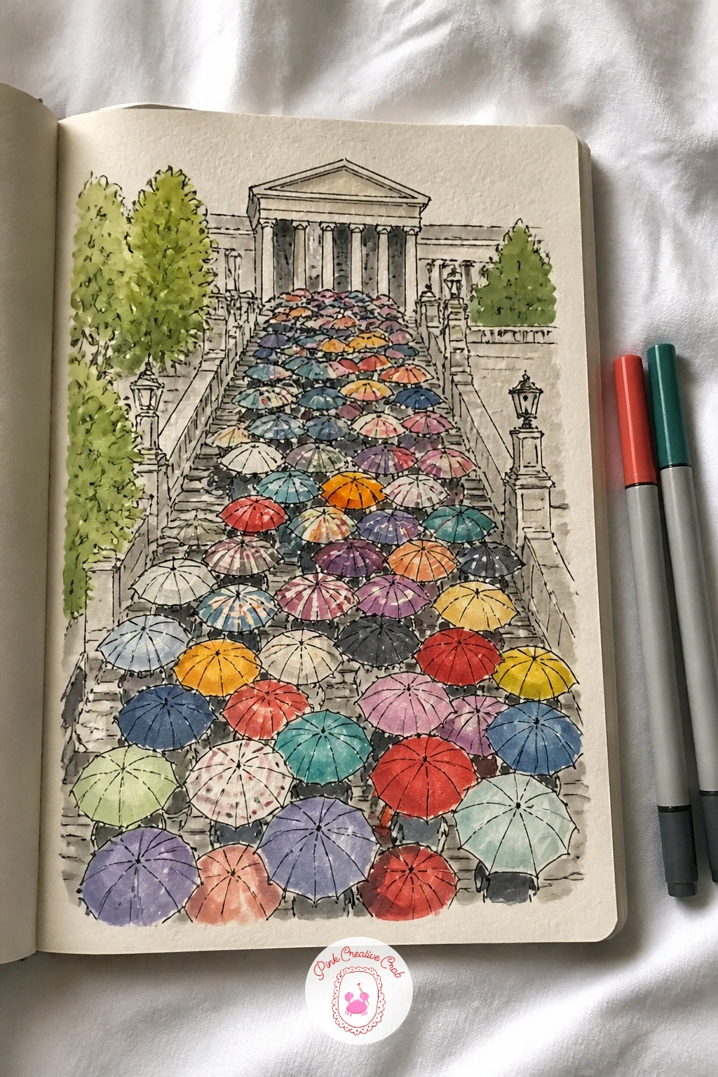 Museum Steps Full of Umbrellas Seen From Above — Change the angle entirely with museum steps full of umbrellas seen from above, a bird's eye cluster of