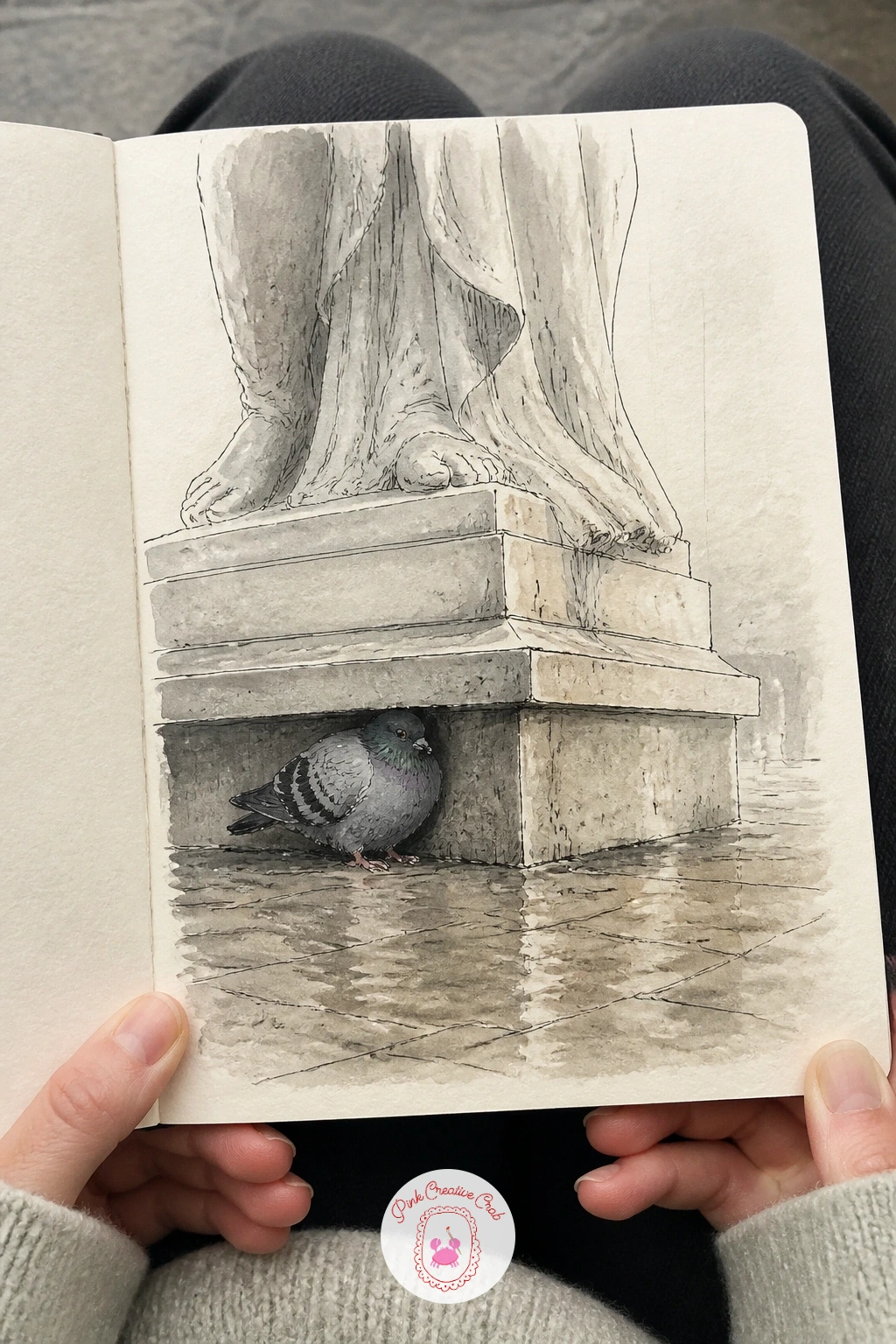 Pigeon Sheltering Under a Statue — Bring the page back down to a small, quiet moment with a pigeon sheltering under a statue, tucked into the stone base out of
