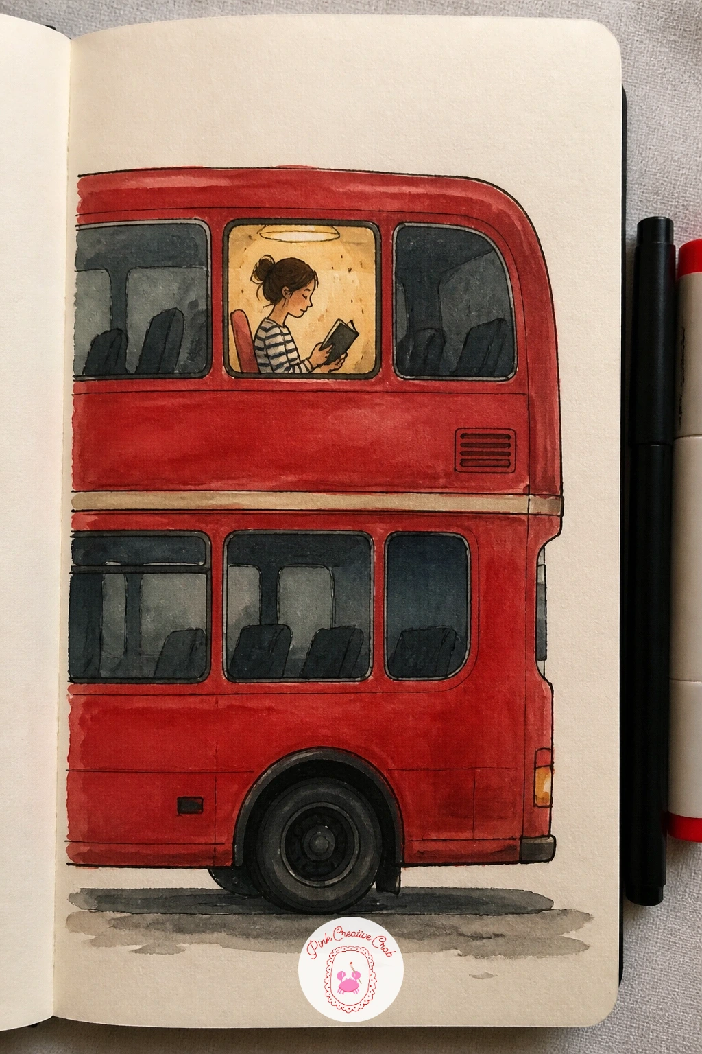 Girl Reading on the Top Deck of a Bus — Climb up to a girl reading on the top deck of a bus, seen through the long row of windows as the bus moves past. What