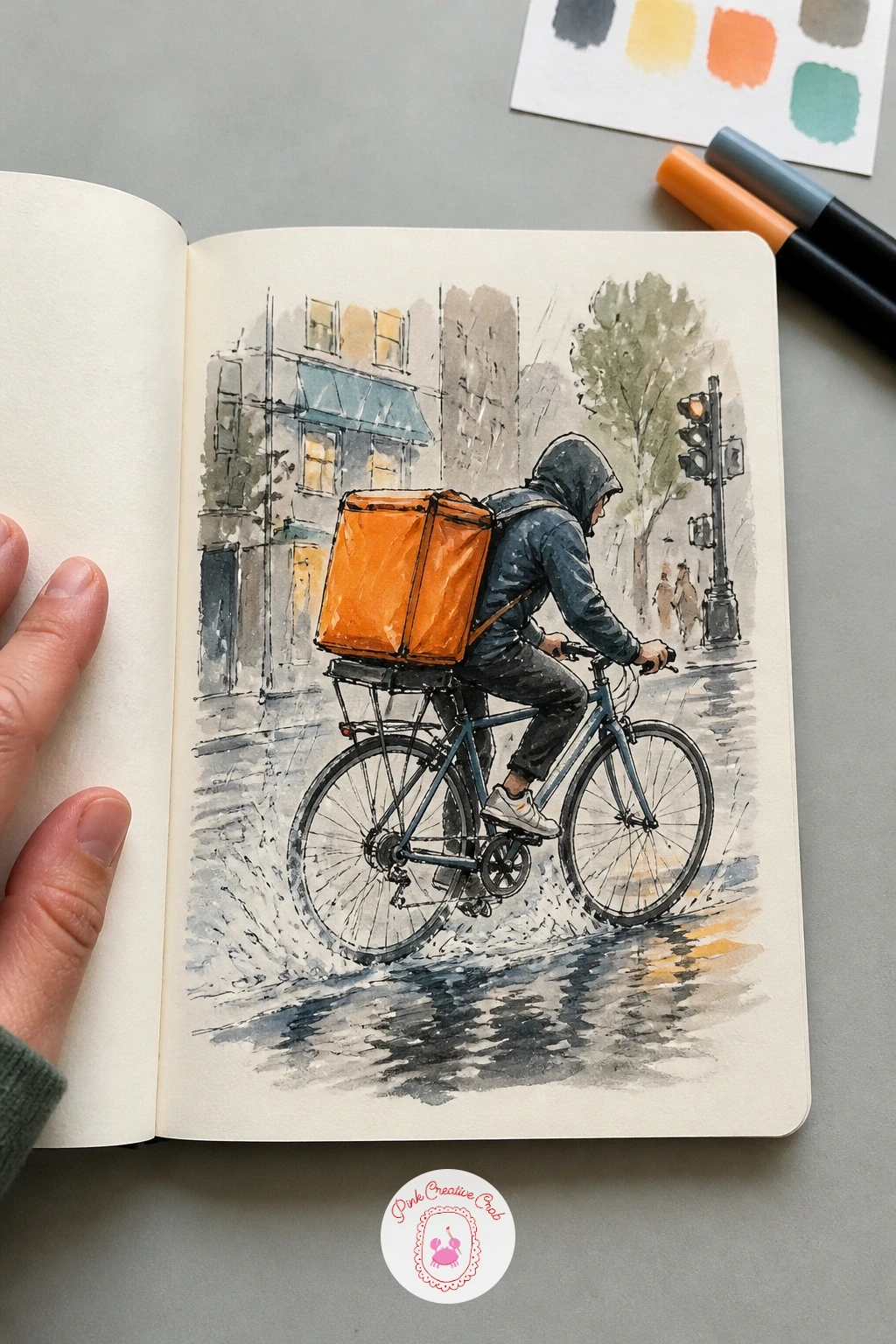 Delivery Bike in the Rain — Keep the street moving with a delivery bike in the rain, rider leaning forward with a large insulated box strapped to the back.