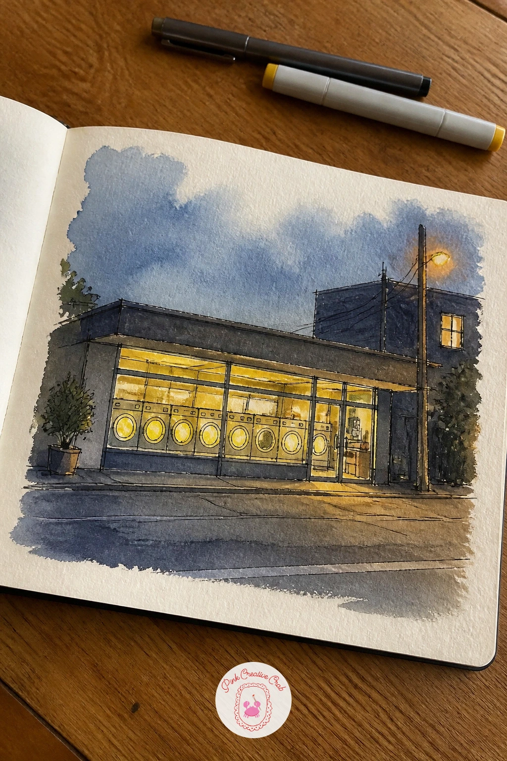 Lit Laundromat at Dusk — Slow right down with a lit laundromat at dusk, rows of round machine windows glowing against the dark street outside. What to draw in