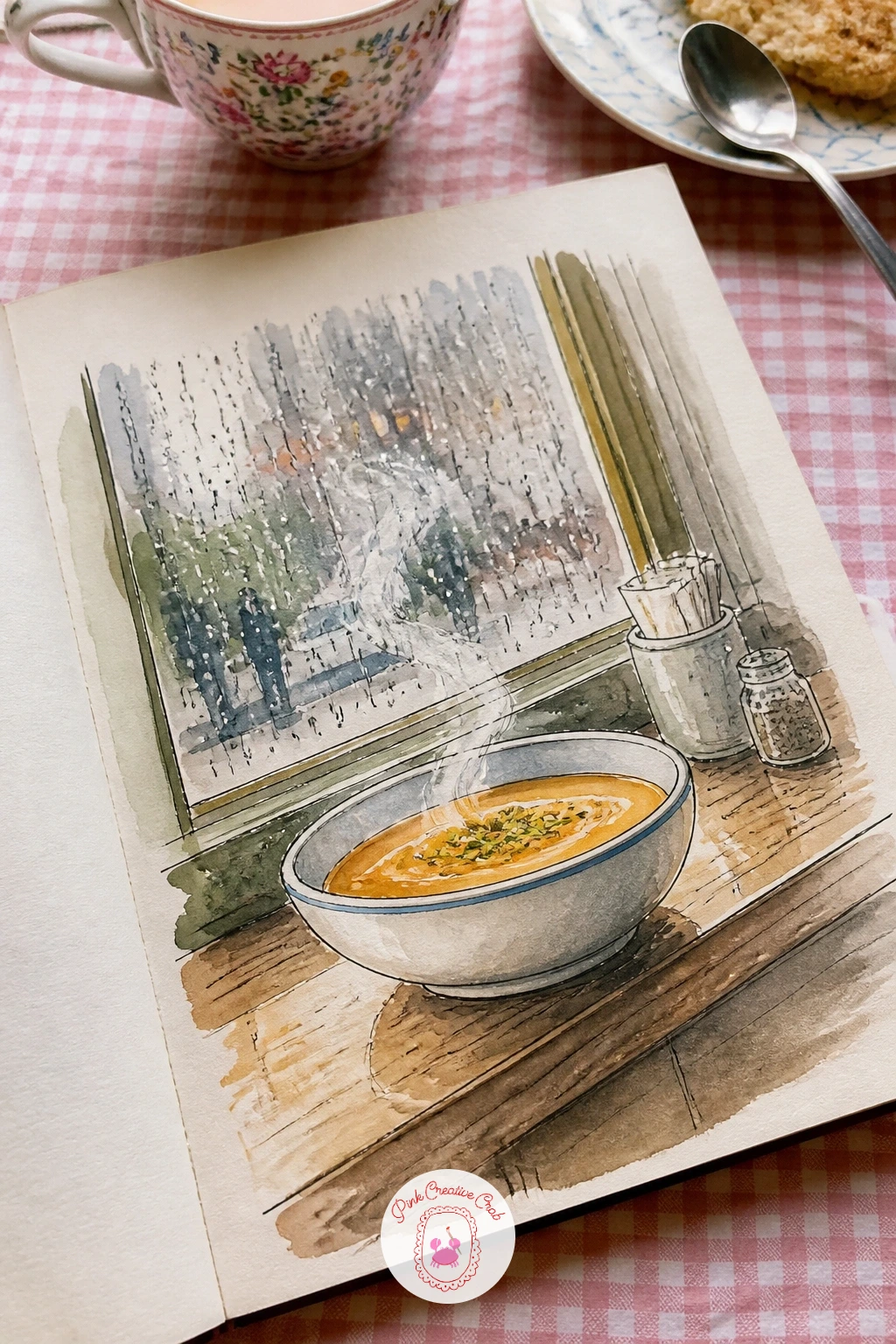 Bowl of Soup at a Window Counter — Come in from the street for a bowl of soup at a window counter, steam rising gently beside the rainy glass just behind it.