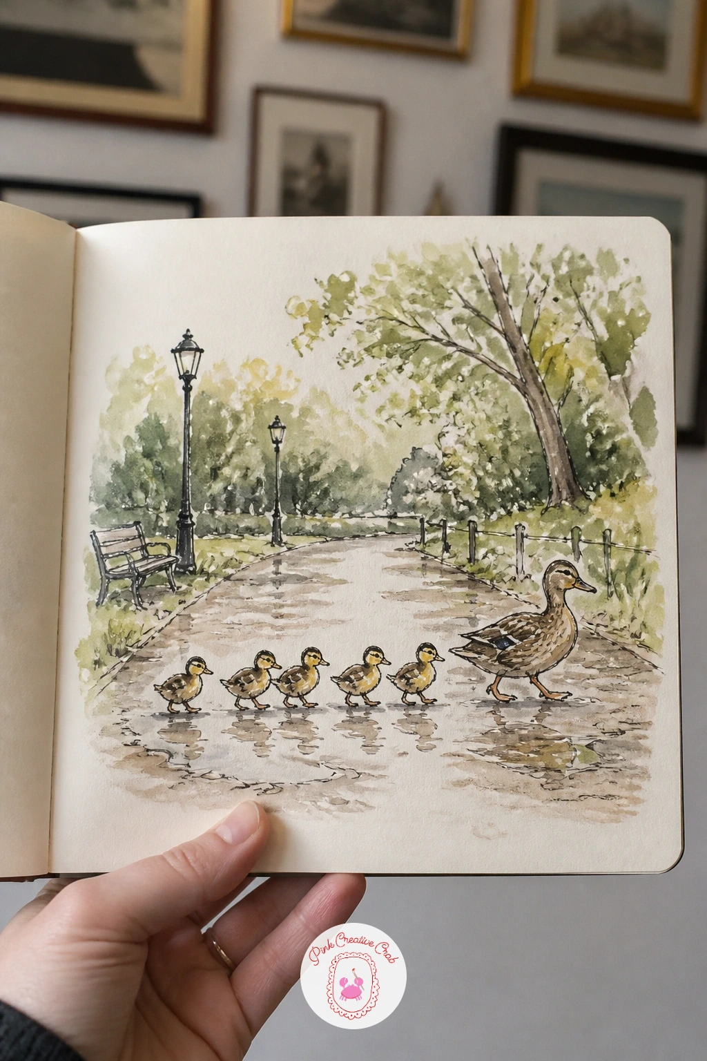 Duck Family Crossing a Wet Park Path — Step into the park for a duck family crossing a wet park path, mother duck leading a small line of ducklings across the