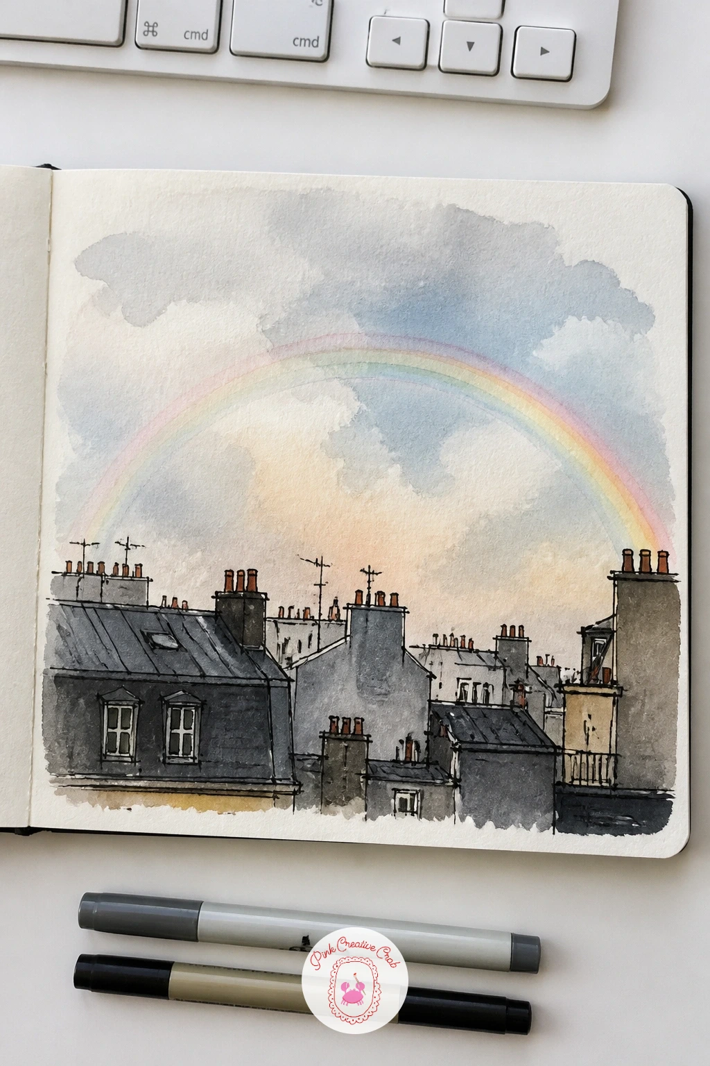 Rainbow Over Rooftops After the Rain — Lift the mood with a rainbow over rooftops after the rain, a wide arc appearing above a simple city skyline. What to