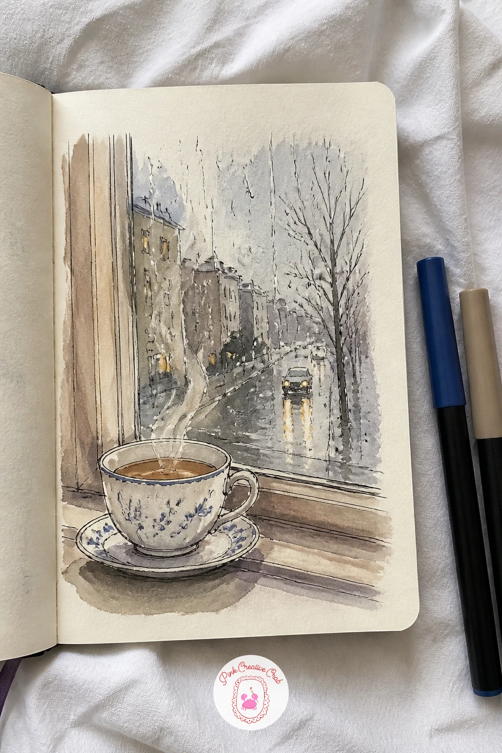 Window Seat With Tea and Rain Streaks — Bring the view back inside with a window seat with tea and rain streaks, a cup resting on a sill beside a blurred wet