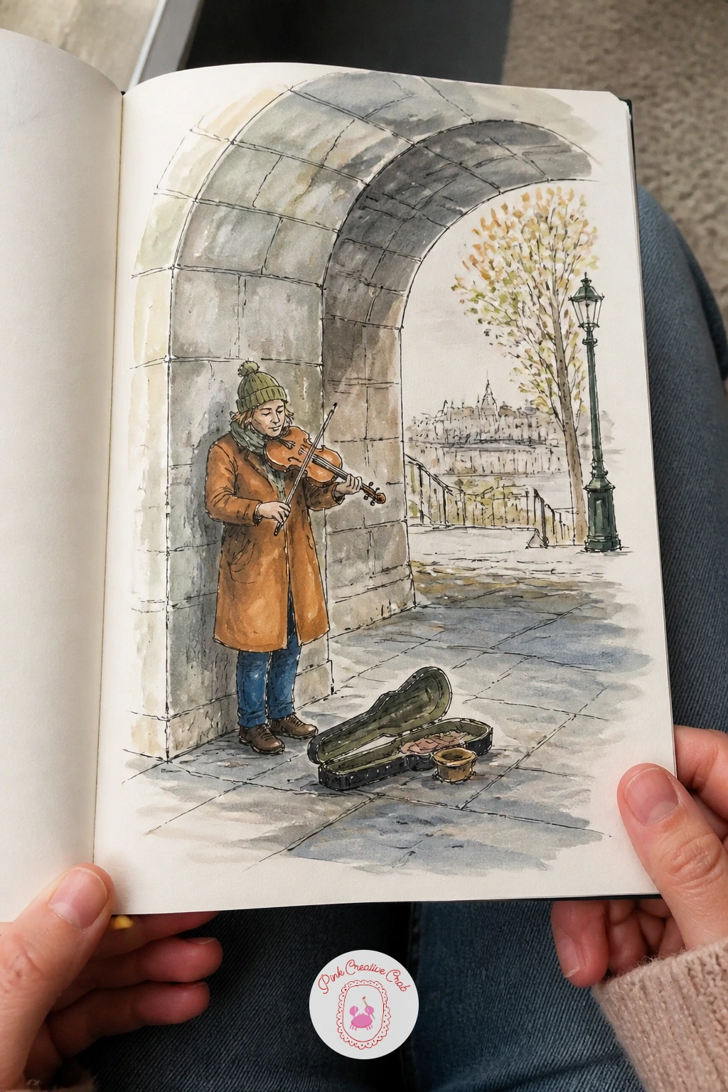 Street Musician Under a Stone Arch — Add some sound to the page with a street musician under a stone arch, instrument case open at their feet for coins. What