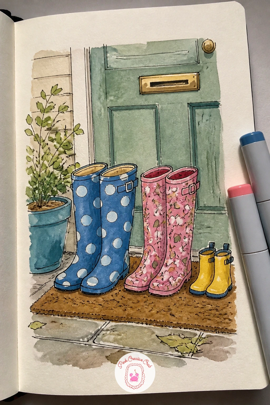 Rain Boots Drying by a Front Door — Bring the rain story indoors with rain boots drying by a front door, a small still life of two pairs set side by side on a