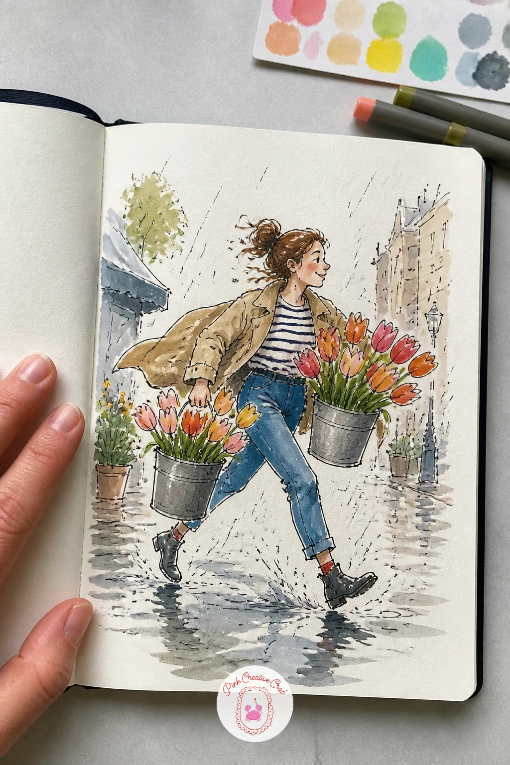 Florist Running With Buckets of Tulips — Pick up the pace again with a florist running with buckets of tulips, water sloshing slightly as she hurries through