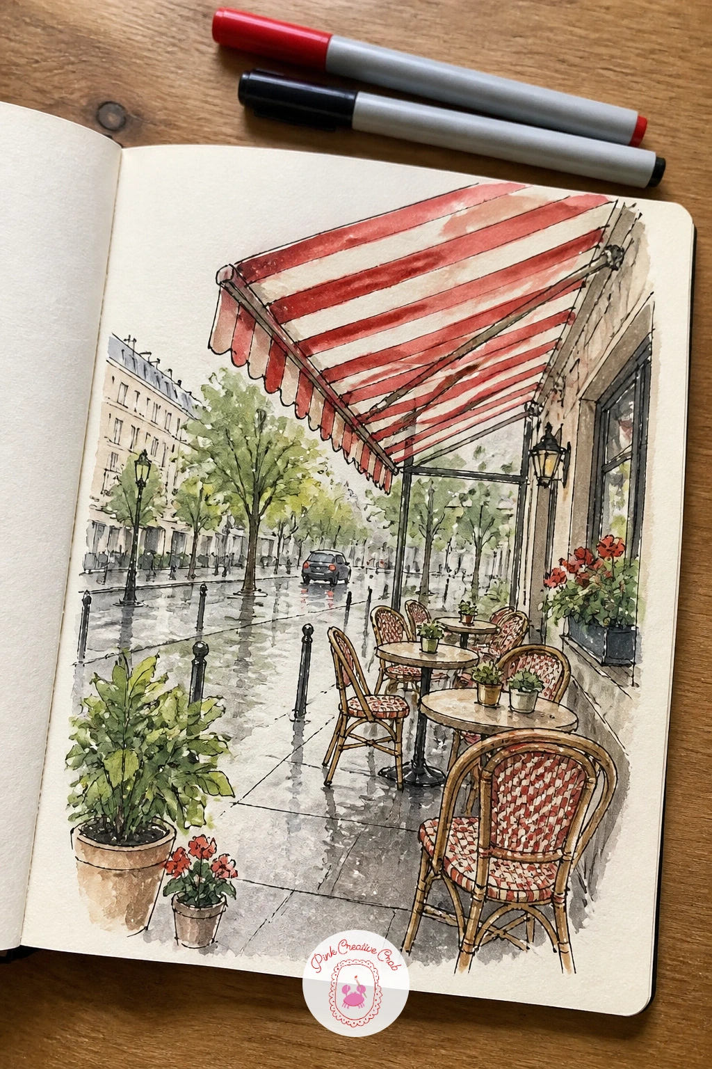 Cafe Terrace With Striped Awning in the Rain — Close the sketchbook spread with a cafe terrace with striped awning in the rain, empty chairs and tables
