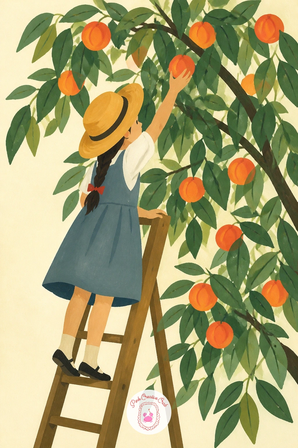 Girl Picking Peaches on a Ladder — Bring a figure into the orchard with a girl picking peaches on a ladder, the first scene on this list with real action in