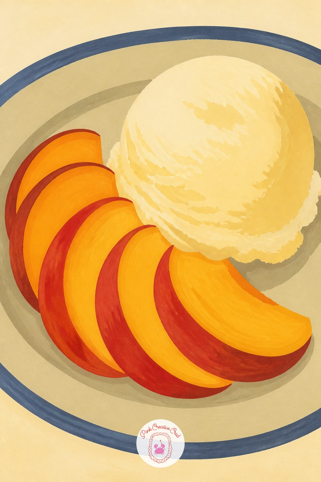 Peach Slice With Ice Cream — Treat yourself to a peach slice with ice cream, a dessert scene that mixes two very different textures in one small painting.