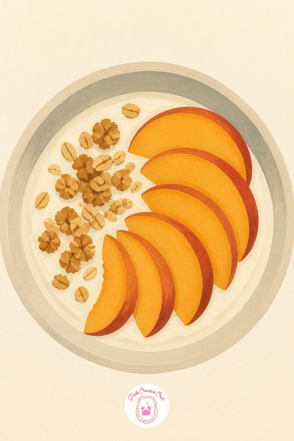 Yogurt Bowl With Peaches — Keep breakfast going with a yogurt bowl with peaches, a scene built from one large pale shape topped with smaller colorful ones.