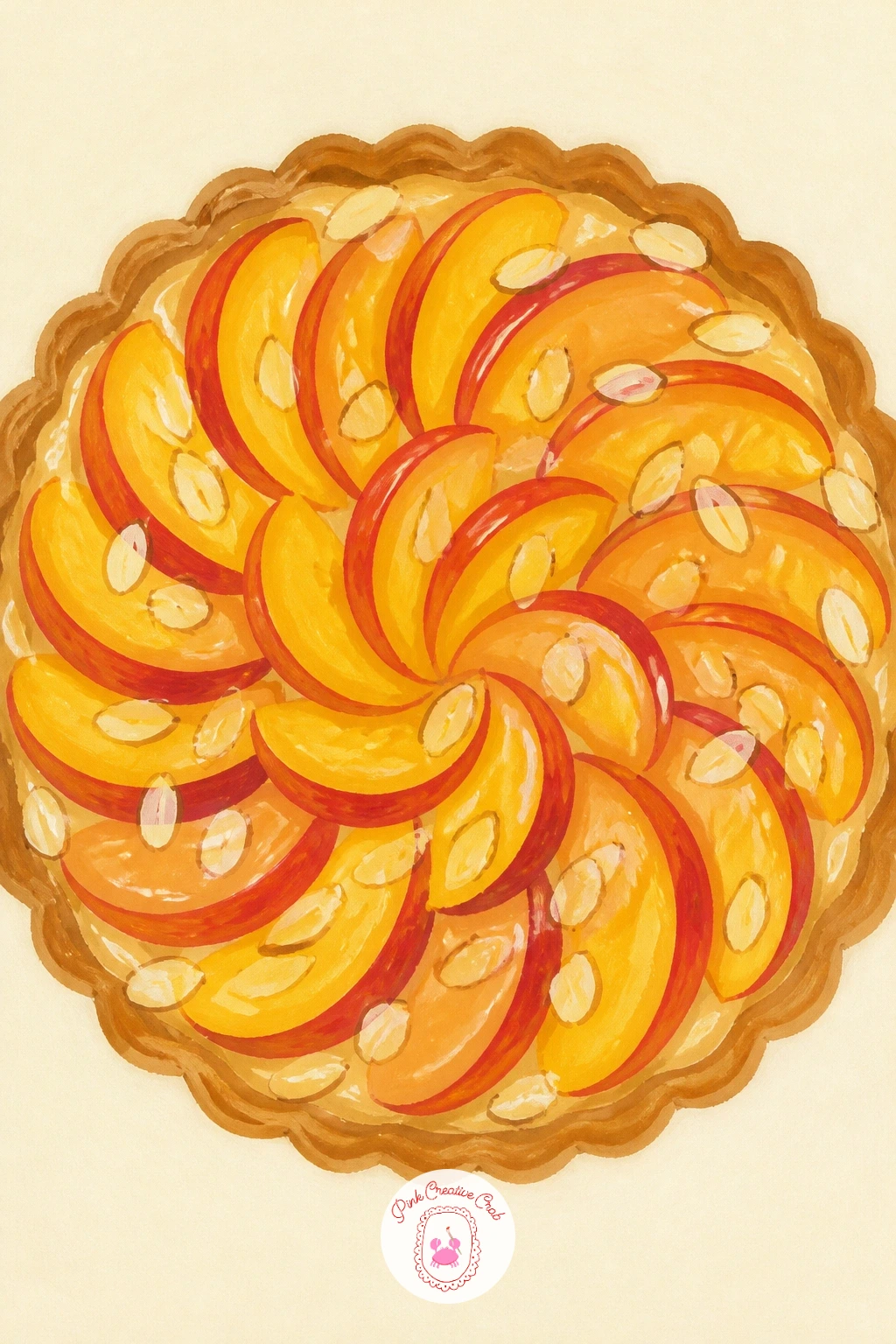 Peach Tart With Almonds — Return to the oven with a peach tart with almonds, a dessert that adds a pattern of sliced almonds across the surface. Peach drawing