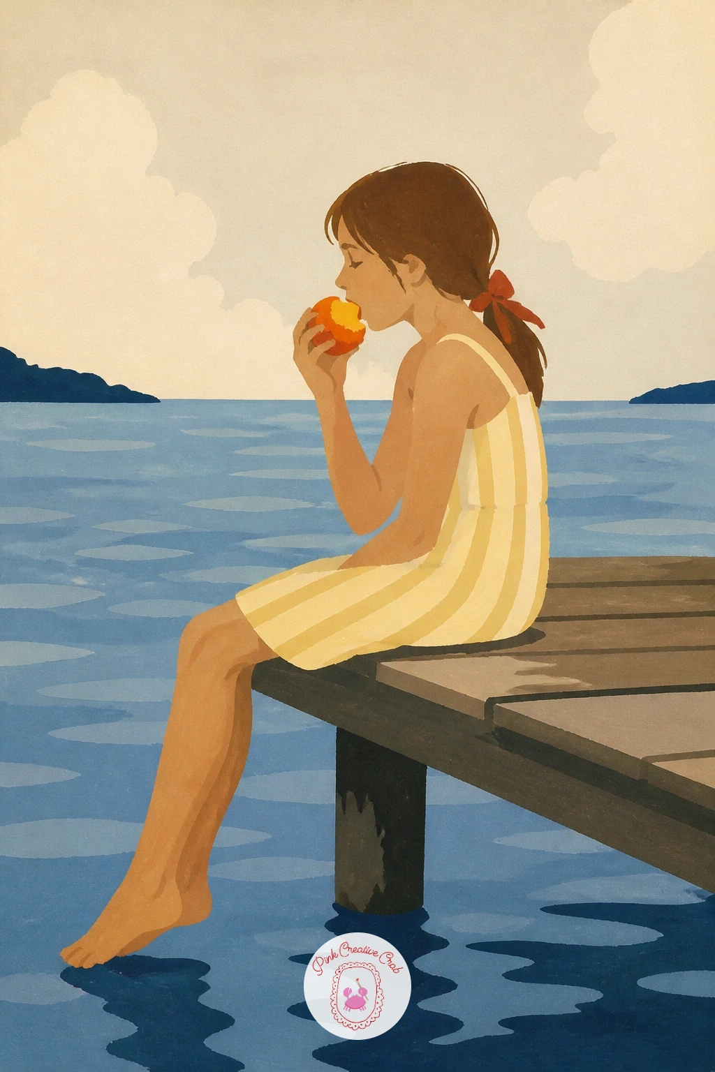 Girl Eating a Peach on a Dock — Close the list with a girl eating a peach on a dock, a small summer scene that brings the whole orchard and kitchen journey out