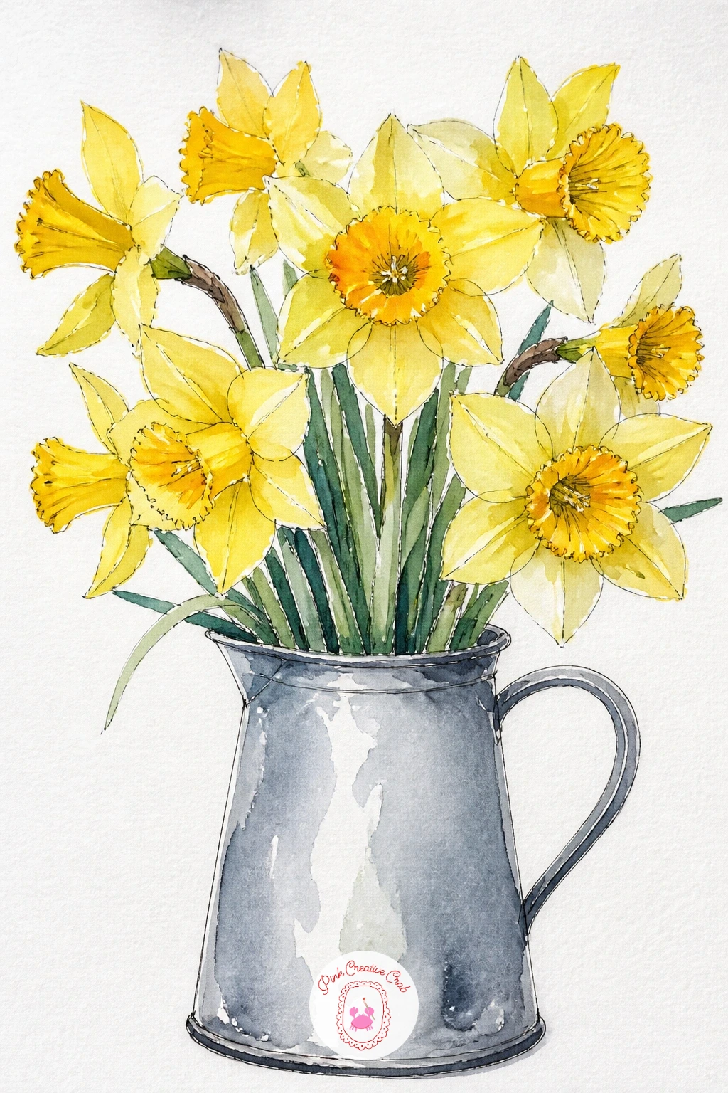 Daffodils In An Enamel Jug — Start daffodil drawing with the easiest composition on this whole list: a handful of blooms gathered into an enamel jug
