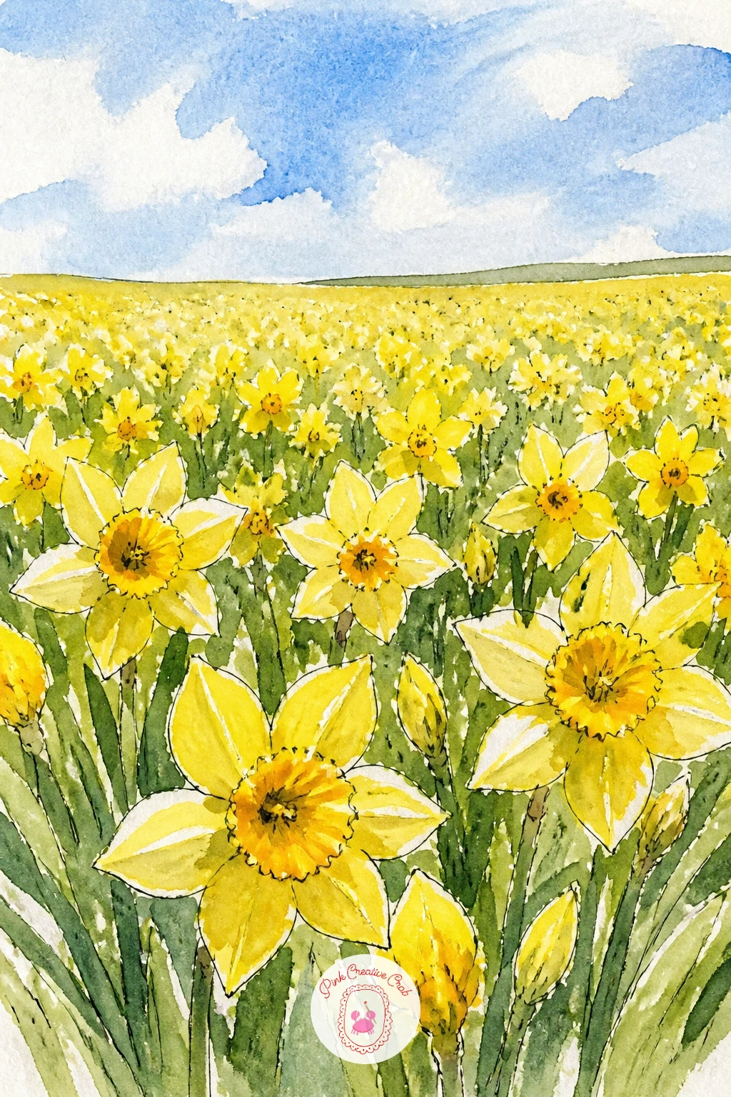A Field Of Daffodils — Pull back from the single bloom and try painting a whole field of daffodils rolling off toward the horizon. Daffodil drawing