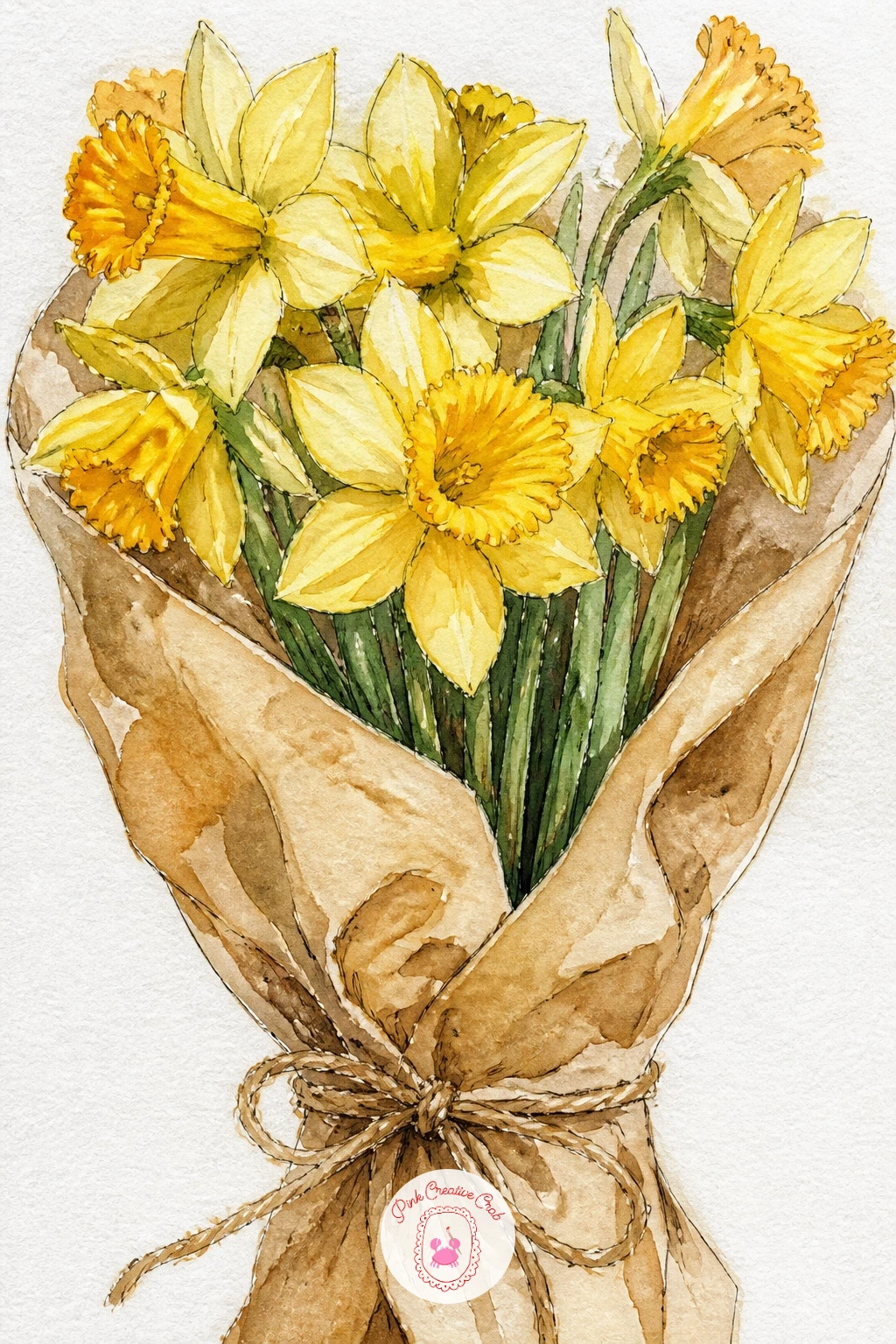 A Daffodil Bouquet In Brown Paper — Move from the bike into a tighter still life with a daffodil bouquet wrapped in brown paper, the kind you carry home from a
