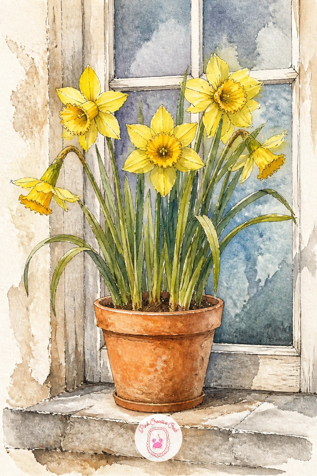 Daffodils On A Cottage Windowsill — Set a small pot of daffodils on a cottage windowsill and you get a whole scene in a few quick shapes: a window frame, a