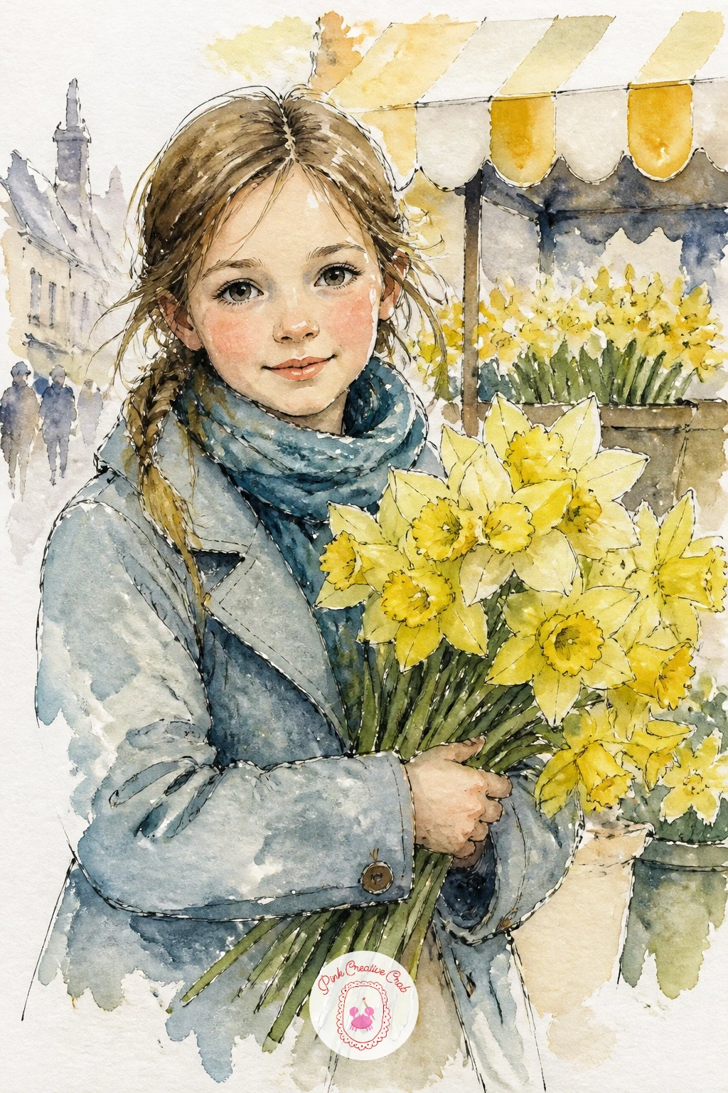 A Girl Selling Daffodils — Turn the daffodil theme into a small figure scene with a girl selling daffodils from a market stall or basket, which only needs a