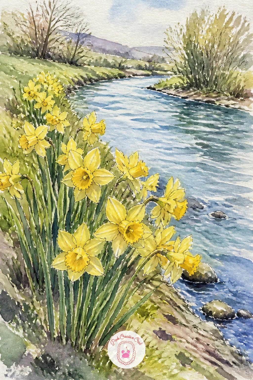 Daffodils By A River — Give daffodil drawing a landscape feel with a cluster growing along a riverbank, the water doing most of the work of framing the flowers