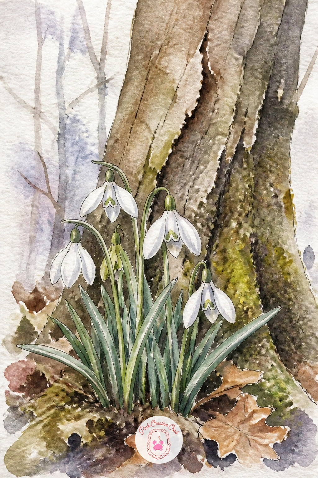 Snowdrops Under A Tree — Tuck a cluster of snowdrops beneath the bare branches of a tree for a quiet little scene that leans on contrast rather than color.