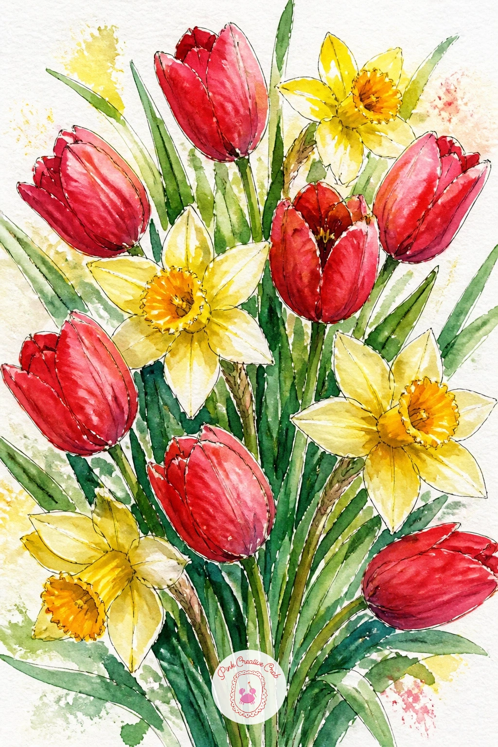Tulips And Daffodils Together — Combine two of spring's best known flowers in one bouquet by painting tulips and daffodils together, a nice test of handling