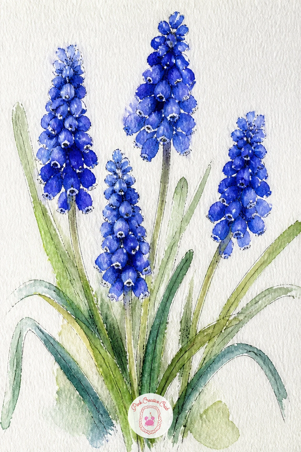 Grape Hyacinths — Paint a small cluster of grape hyacinths next, whose tight cones of tiny deep blue bells make them look almost like a bunch of grapes on a