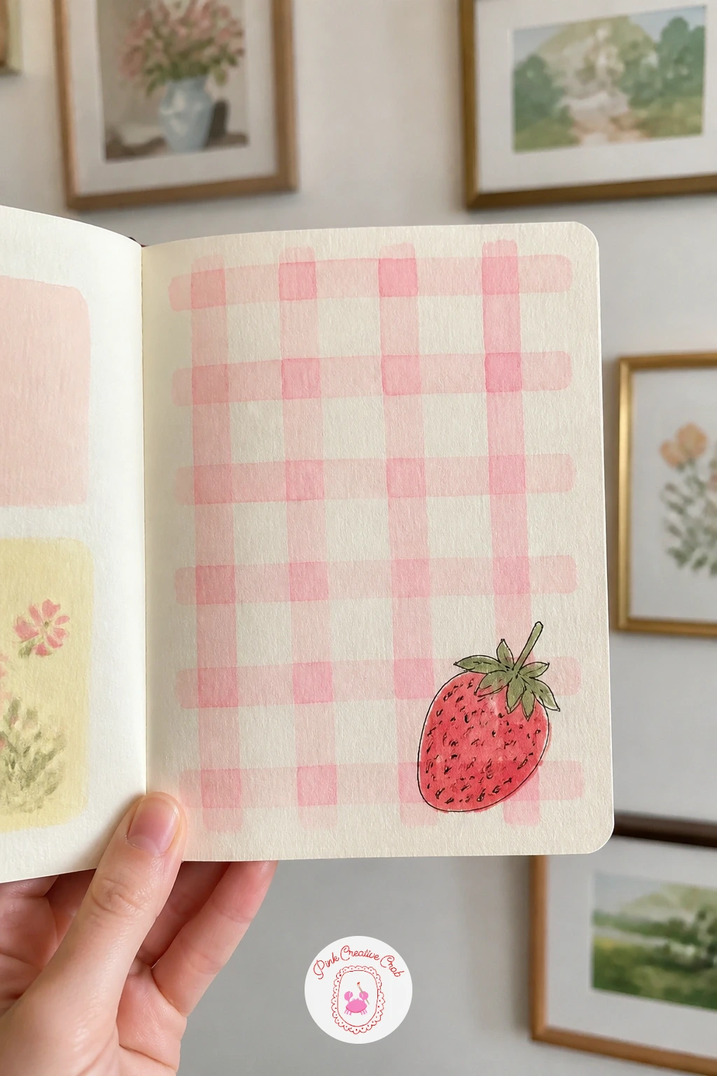Gingham Strawberry — Gingham sounds fiddly but it only needs two steps: a light grid of horizontal pencil lines, then vertical ones crossing them, spaced about
