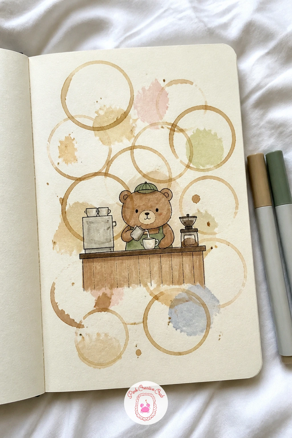 Coffee Stain Barista Bear — This background skips paint almost entirely: press the bottom of an actual coffee mug onto the page a few times with leftover