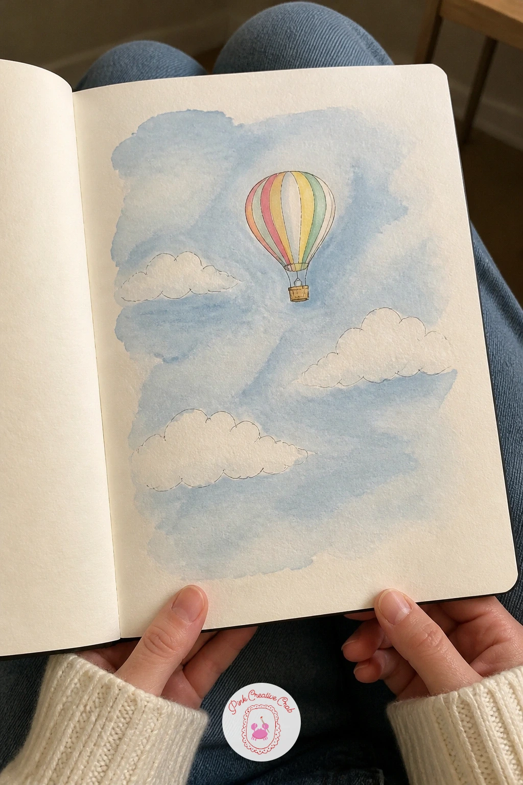 Balloon Over Blue Sky — Wet the page lightly and lay a flat sky blue watercolor wash across it, then while it is still damp, lift a few soft cloud shapes out