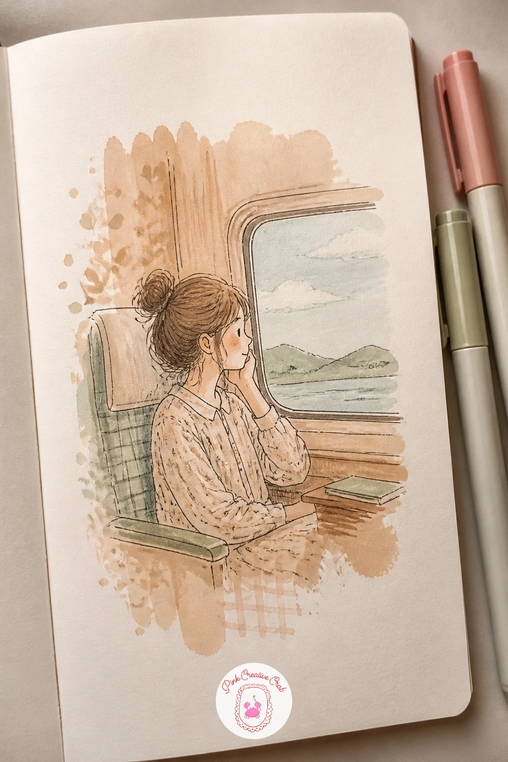 Tea-Dyed Train Girl — Brew a strong cup of tea, let it cool, then brush it generously across the whole page and dab a few drops in random spots for extra