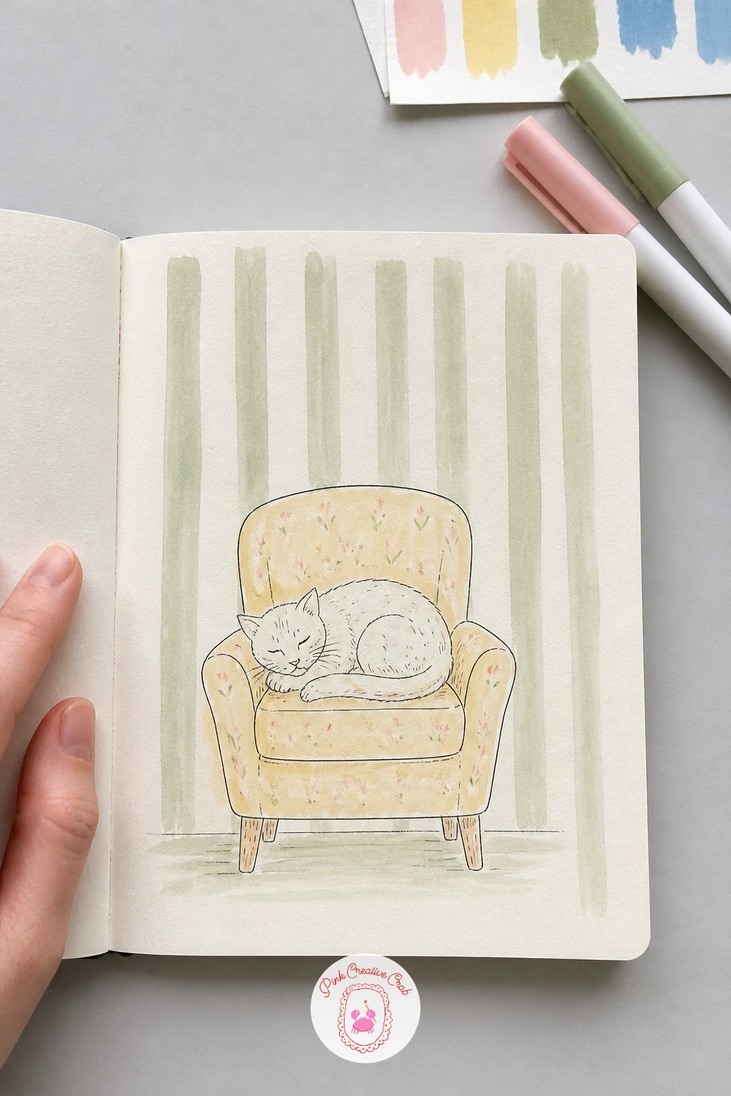 Striped Wallpaper Cat — Rule a set of evenly spaced vertical pencil lines down the page first, then fill every other stripe with a flat sage or soft pink wash