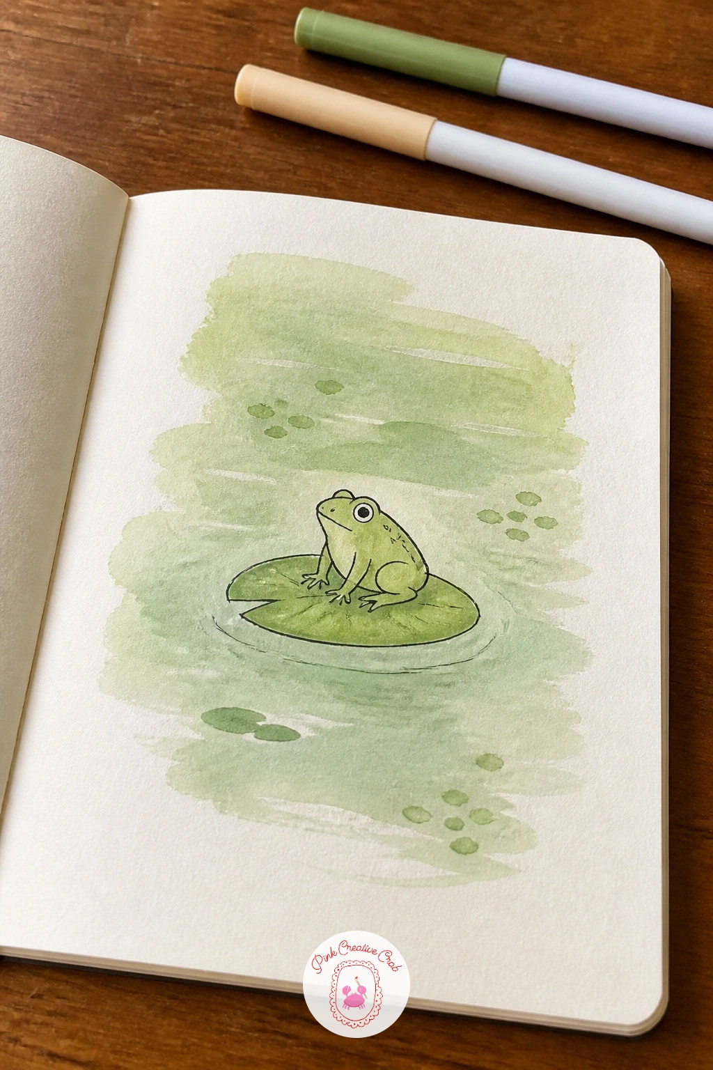 Frog on Green Wash — Lay down a loose, uneven green wash across the page, mixing sap green with a touch of yellow in places so it reads more like pond water or