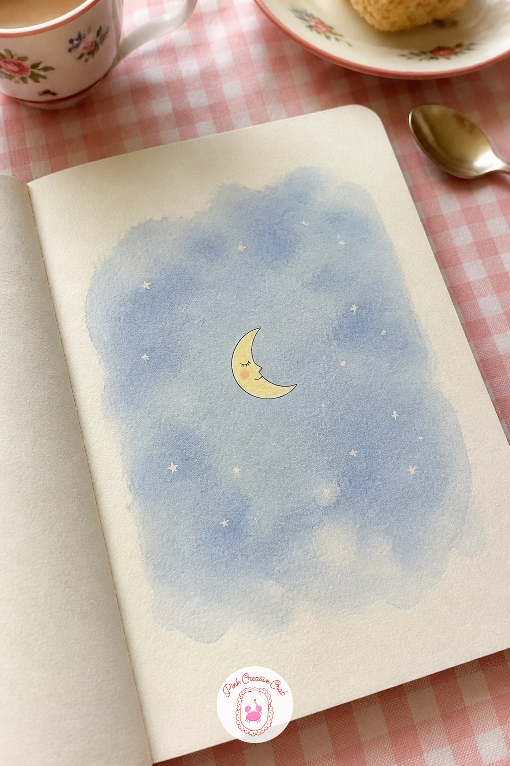 Sleepy Moon Night Wash — Brush a pale blue-grey wash across the page, darkest near the top corners and softening toward the center, so the eye naturally lands