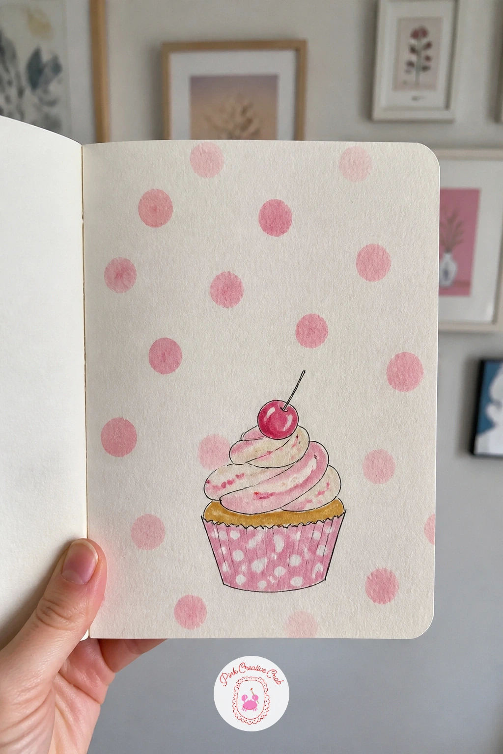 Polka Dot Cupcake — Dip the end of a pencil, a cotton swab or a small round brush into pale pink or butter yellow paint and dot it evenly across the page in