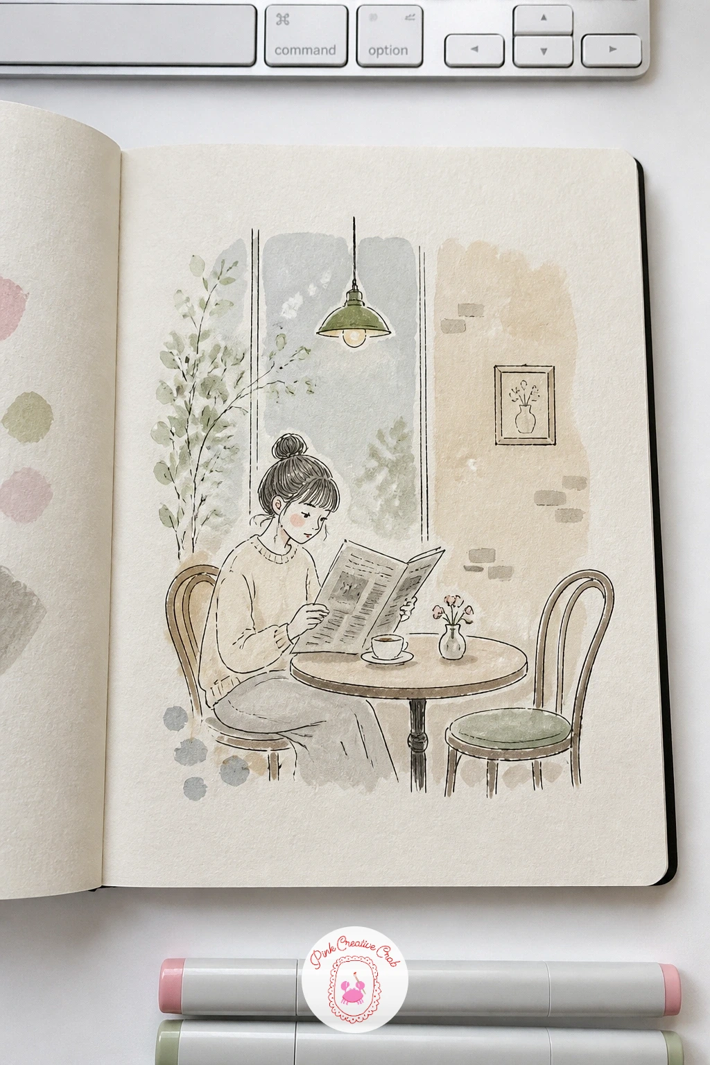 Newspaper Cafe Reader — Tear or cut a few scraps of real newspaper, or simply draw loose wavy lines across the page in grey marker to imitate columns of text