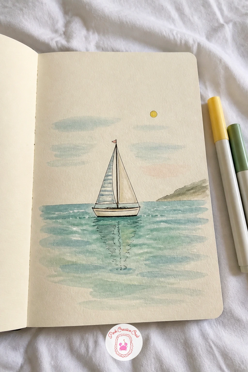Sailboat on Sea Wash — Lay a horizontal band of blue-green watercolor across the lower half of the page for the sea, keeping the top edge loose and uneven