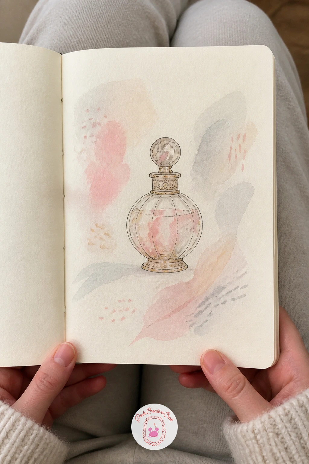 Marble Perfume Bottle — Drip a few loose puddles of grey, white and pale pink watercolor close together on wet paper, then tilt the page in different
