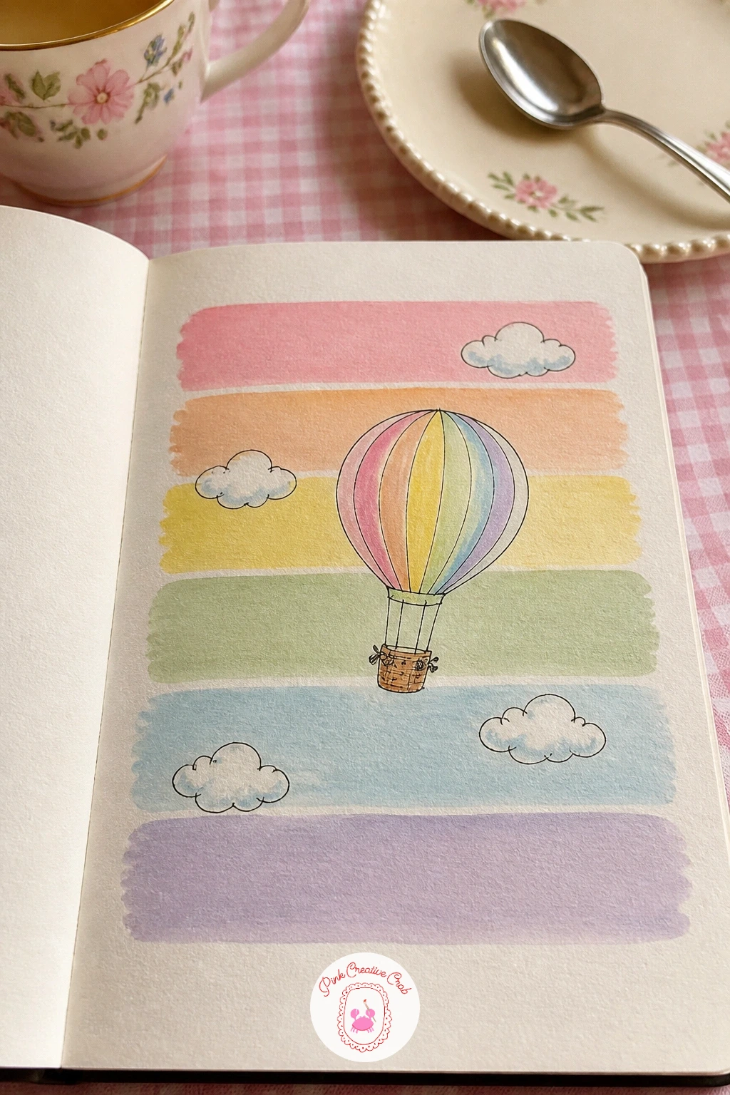 Rainbow Stripe Balloon — Paint a series of soft horizontal stripes across the page in a gentle rainbow order, pink, yellow, sage and sky blue, keeping each