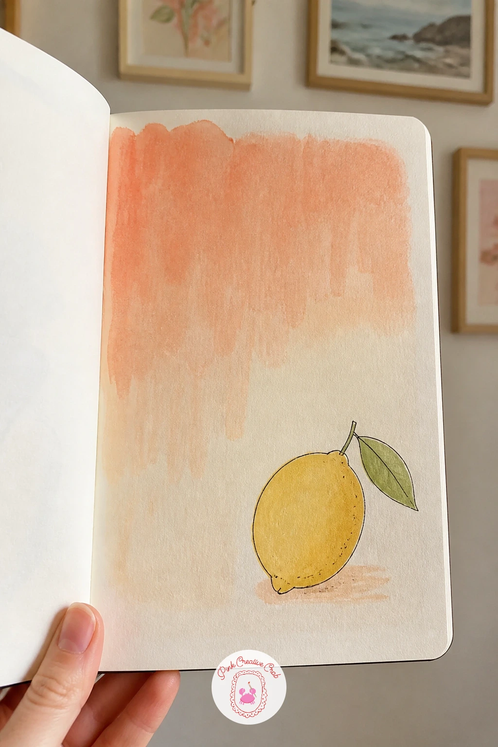 Ombre Peach Lemon — Wet the page evenly, then brush a strong peach wash at the top, pulling a damp brush downward so the color fades gradually into plain cream